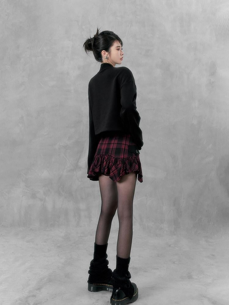 VOCK Plaid Asymmetric Curved Hem A Line Women's High Waist Mini Skirts
