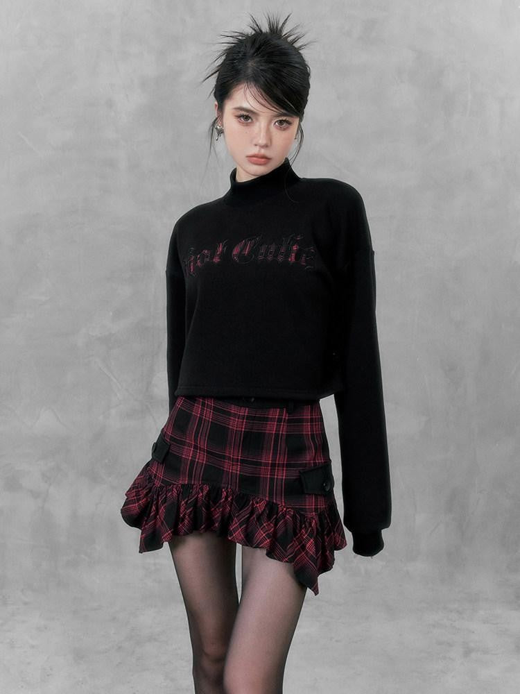 VOCK Plaid Asymmetric Curved Hem A Line Women's High Waist Mini Skirts