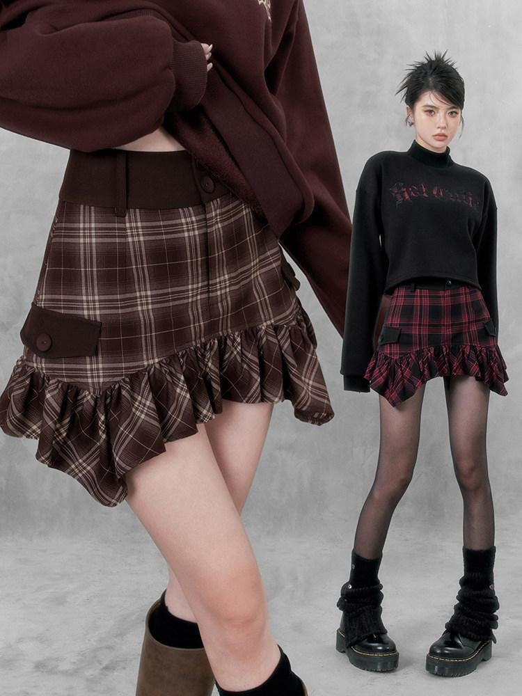 VOCK Plaid Asymmetric Curved Hem A Line Women's High Waist Mini Skirts