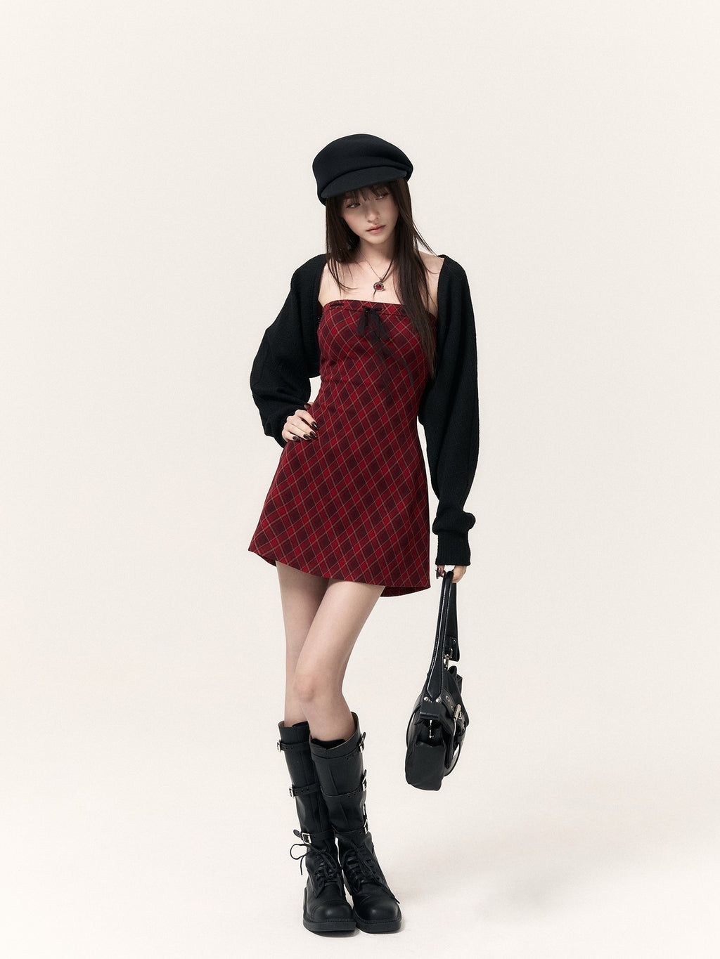 VOCK_Plaid_Bow_Lantern_Sleeve_Two_Piece_Preppy_Women's_Knit_Tube_Mini_Dresses_1085868981466_MISSTT