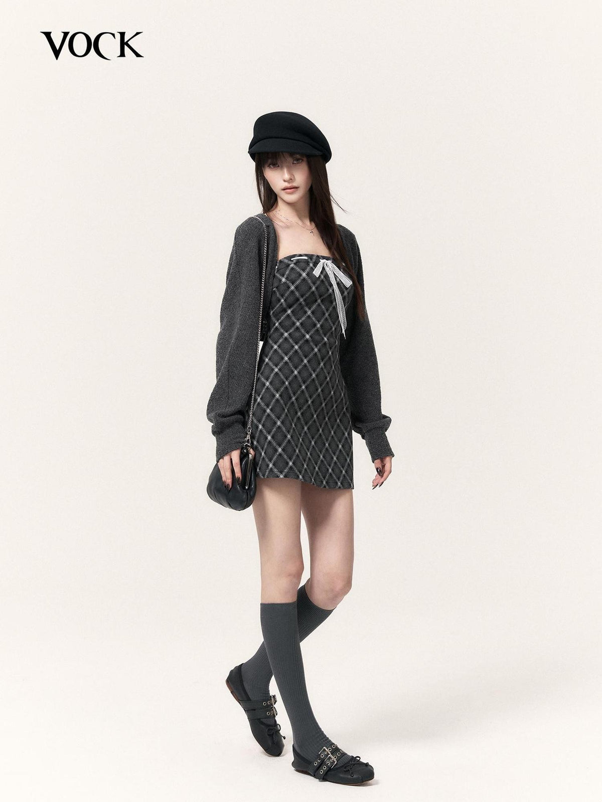 VOCK Plaid Bow Lantern Sleeve Two Piece Preppy Women's Knit Tube Mini Dresses