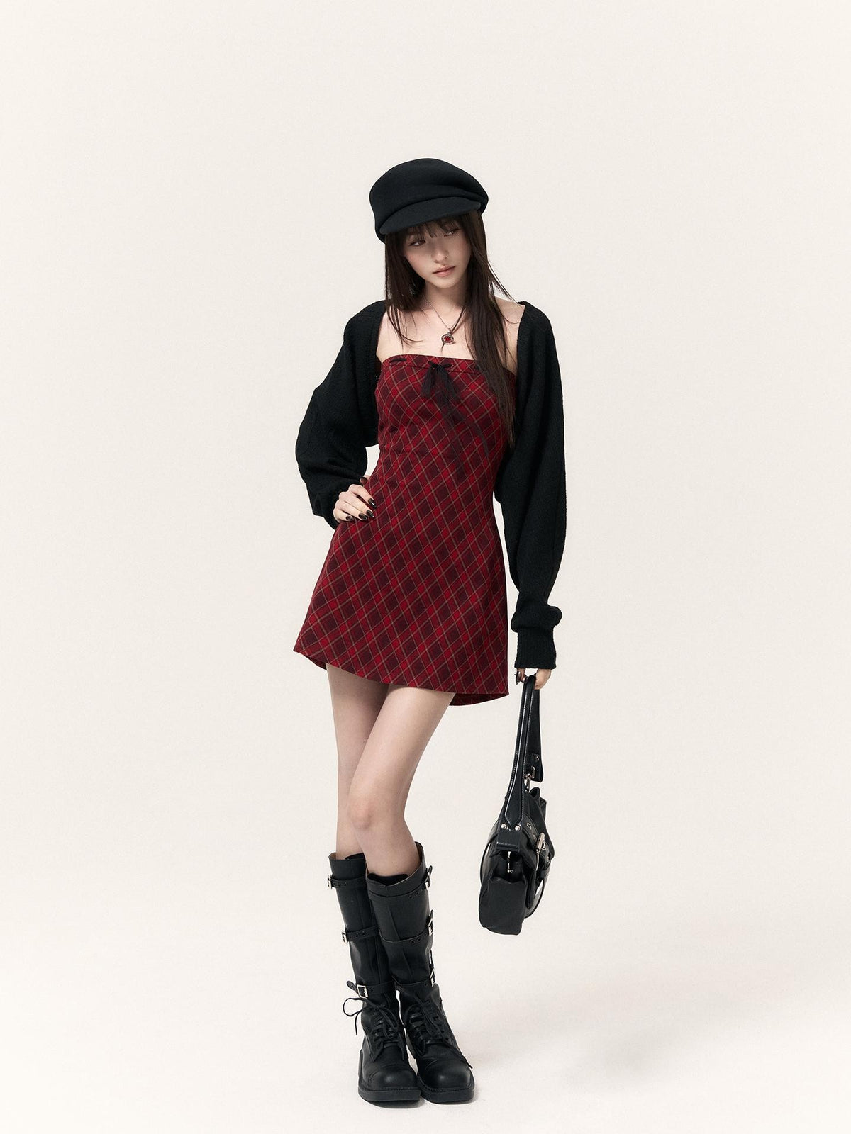 VOCK Plaid Bow Lantern Sleeve Two Piece Preppy Women's Knit Tube Mini Dresses