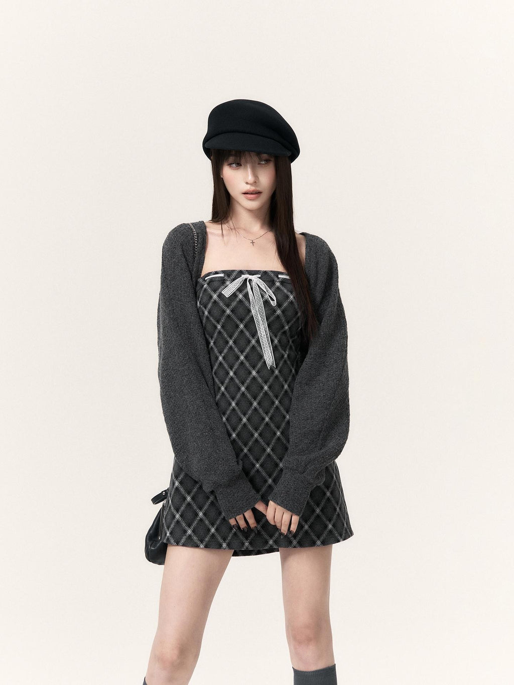 VOCK Plaid Bow Lantern Sleeve Two Piece Preppy Women's Knit Tube Mini Dresses
