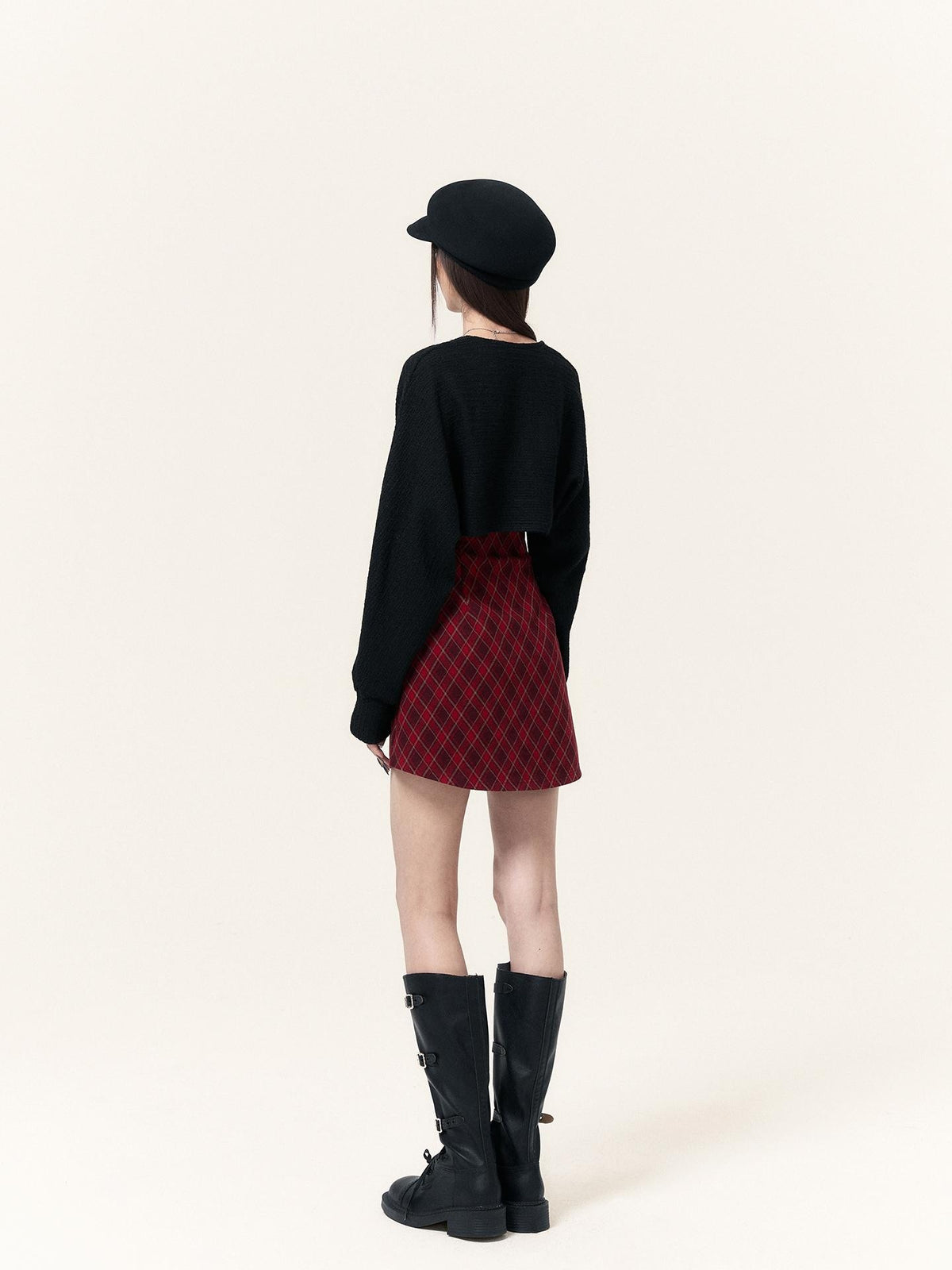 VOCK Plaid Bow Lantern Sleeve Two Piece Slim Fit Women's Knit Tube Mini Dresses