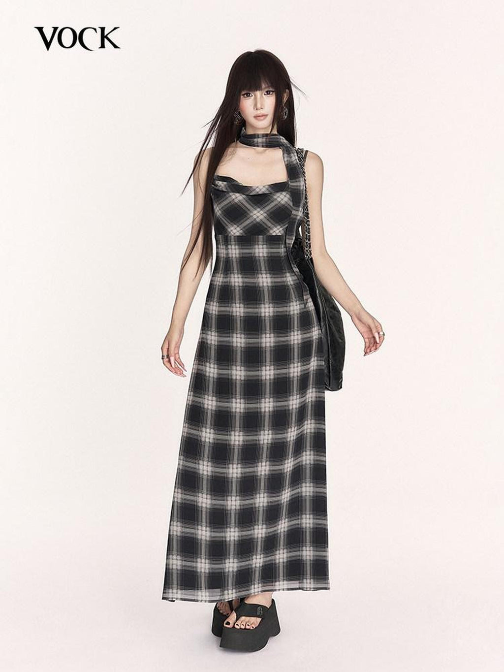 VOCK Plaid Cowl Neck High Waist A Line Women's Polyester Slip Maxi Dresses