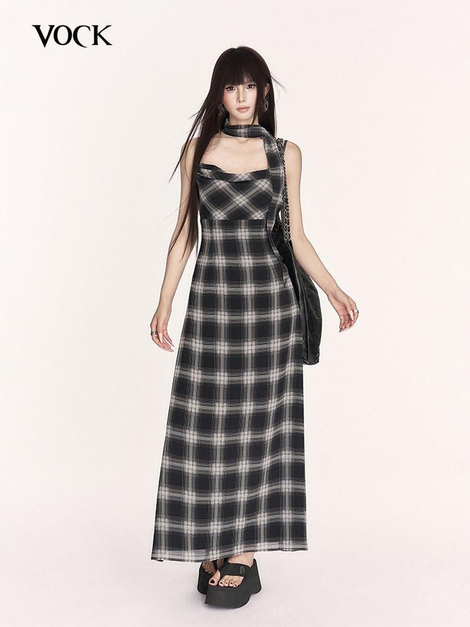 VOCK Plaid Cowl Neck High Waist A Line Women's Polyester Slip Maxi Dresses