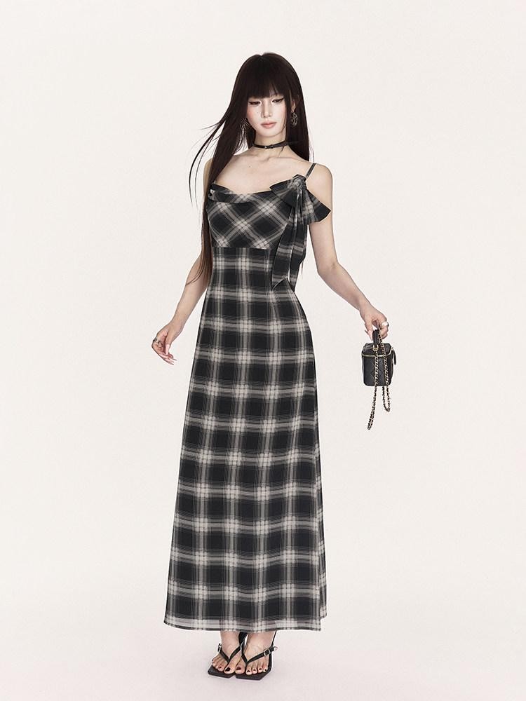 VOCK Plaid Cowl Neck High Waist A Line Women's Polyester Slip Maxi Dresses