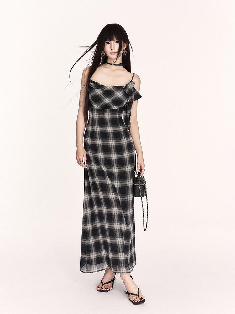 VOCK Plaid Cowl Neck High Waist A Line Women's Polyester Slip Maxi Dresses
