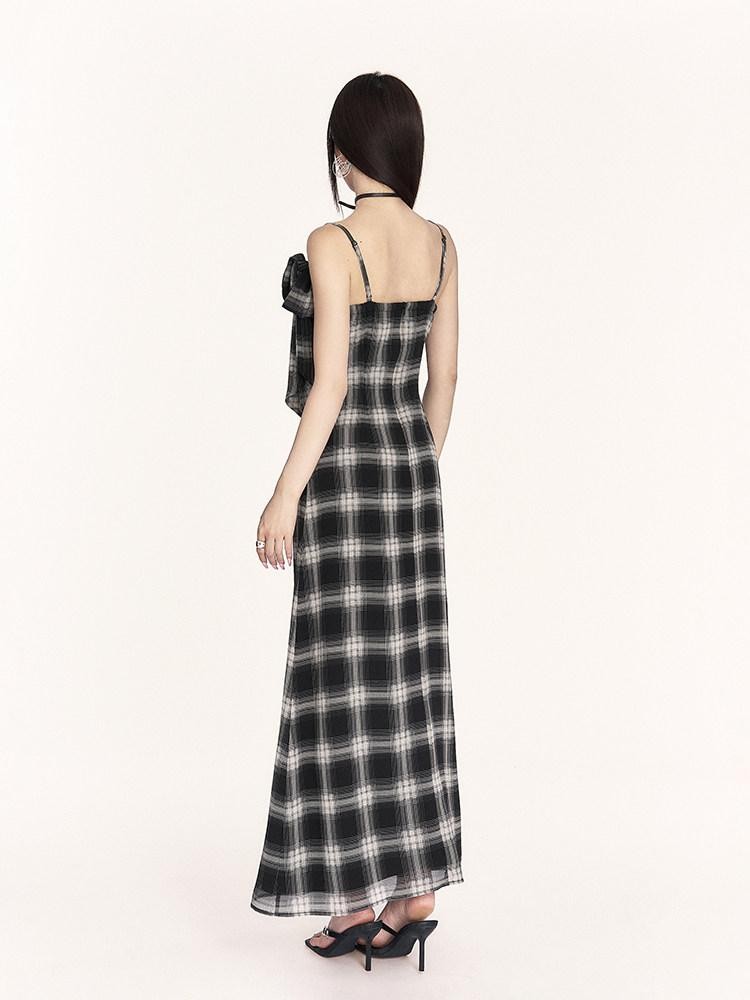 VOCK Plaid Cowl Neck High Waist A Line Women's Polyester Slip Maxi Dresses