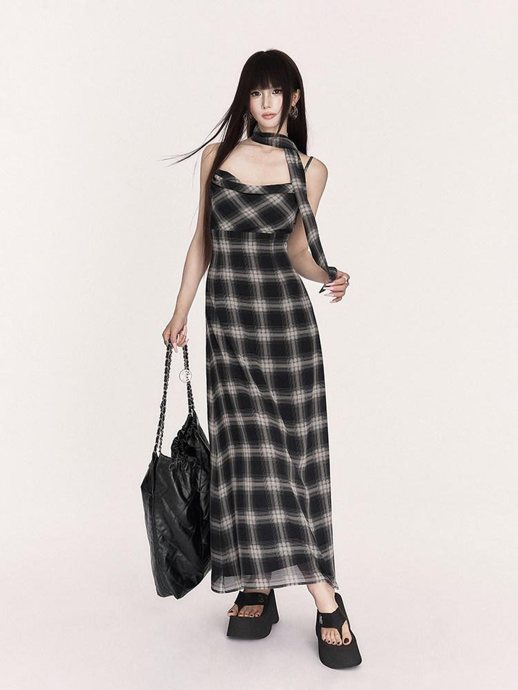 VOCK Plaid Cowl Neck High Waist A Line Women's Polyester Slip Maxi Dresses