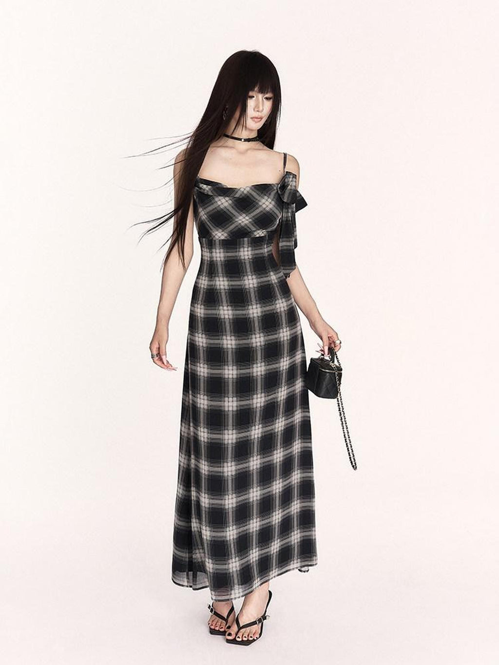 VOCK Plaid Cowl Neck High Waist A Line Women's Polyester Slip Maxi Dresses