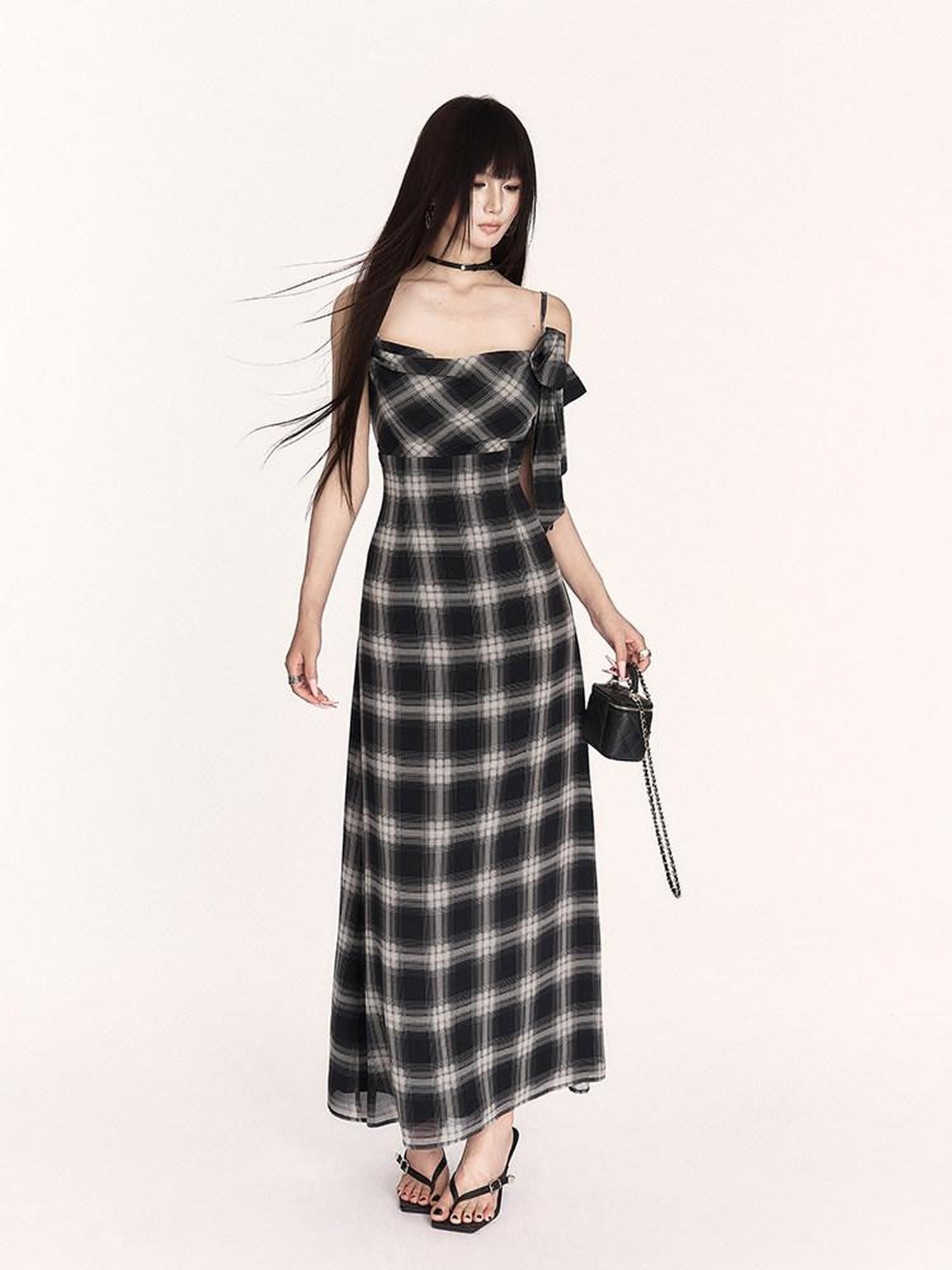 VOCK Plaid Cowl Neck High Waist A Line Women's Polyester Slip Maxi Dresses