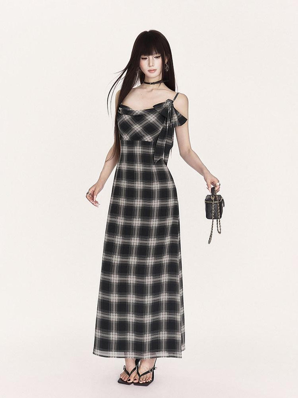 VOCK Plaid Cowl Neck High Waist A Line Women's Polyester Slip Maxi Dresses