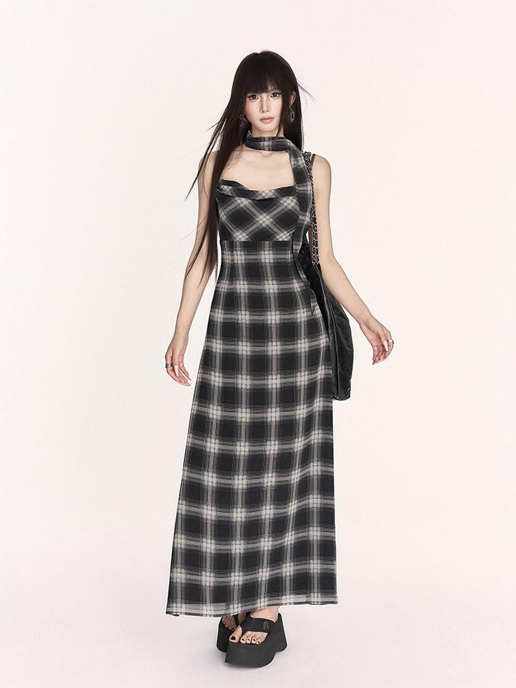 VOCK Plaid Cowl Neck High Waist A Line Women's Polyester Slip Maxi Dresses