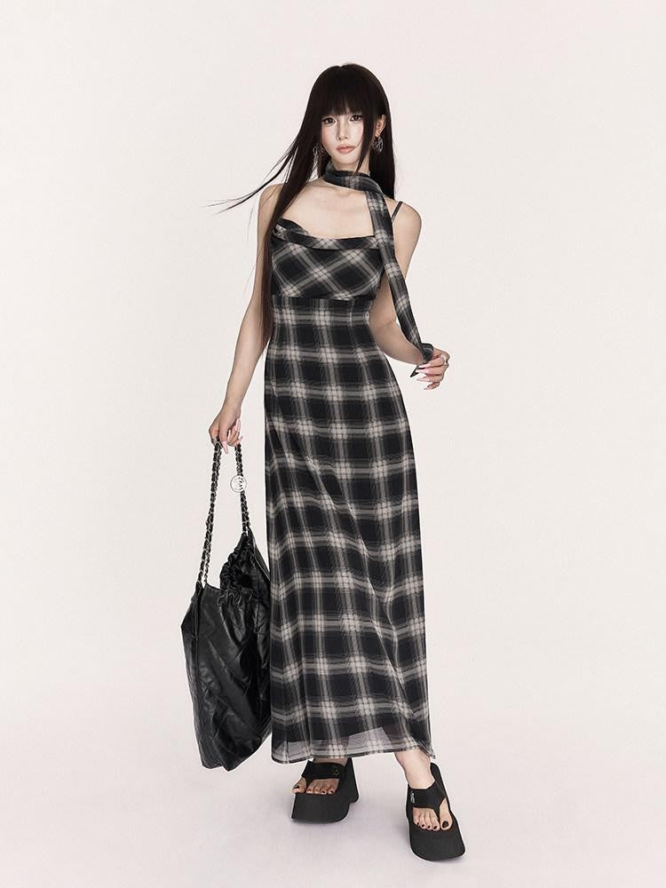 VOCK Plaid Cowl Neck High Waist A Line Women's Polyester Slip Maxi Dresses