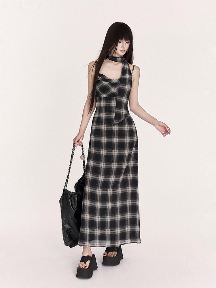 VOCK Plaid Cowl Neck High Waist A Line Women's Polyester Slip Maxi Dresses