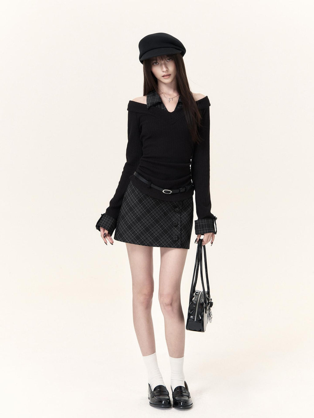 VOCK Plaid Faux Layered V-neck Knit Long Sleeve Preppy Style Women's Matching Skirt Sets