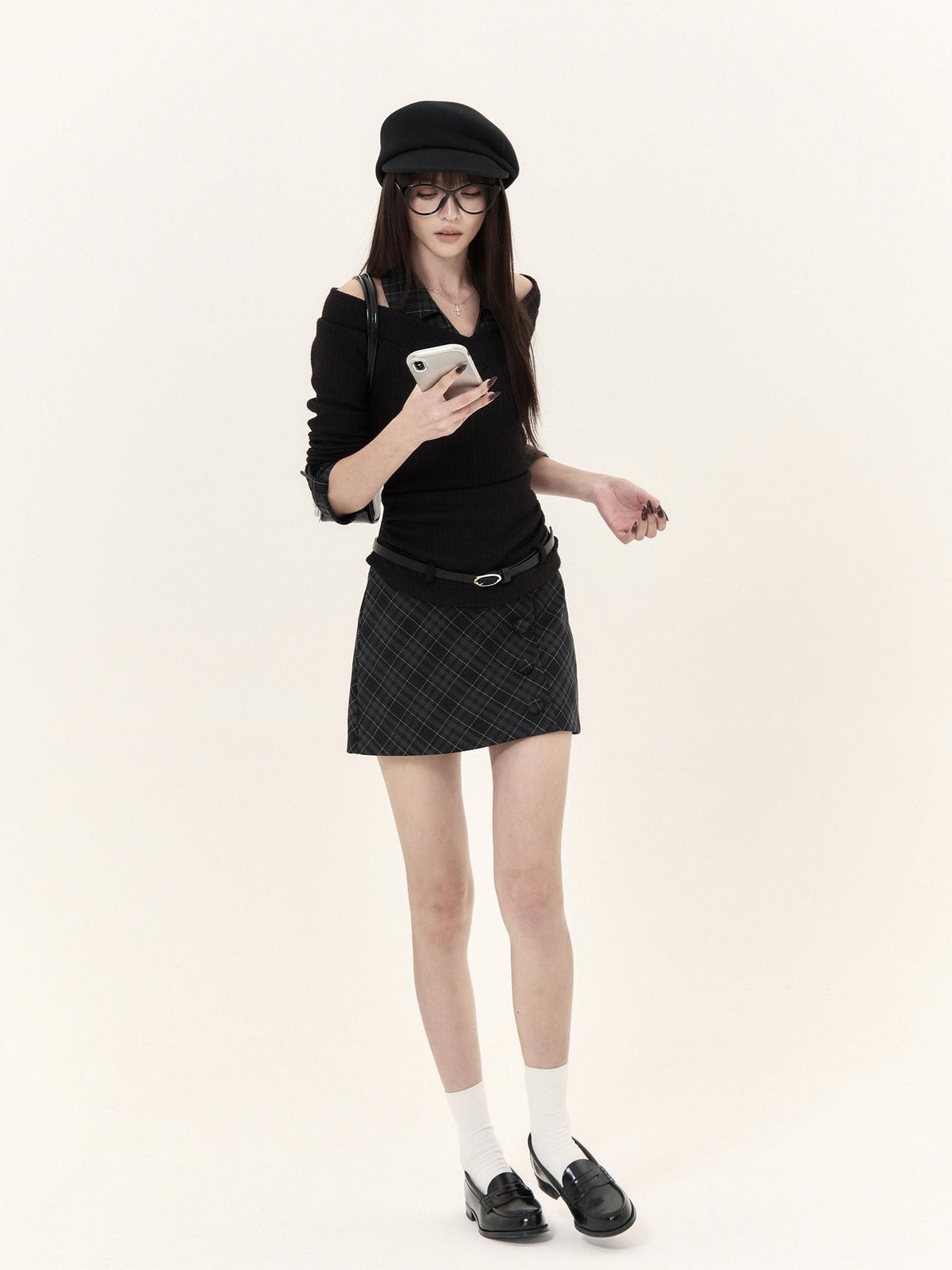 VOCK Plaid Faux Layered V-neck Knit Long Sleeve Preppy Style Women's Matching Skirt Sets