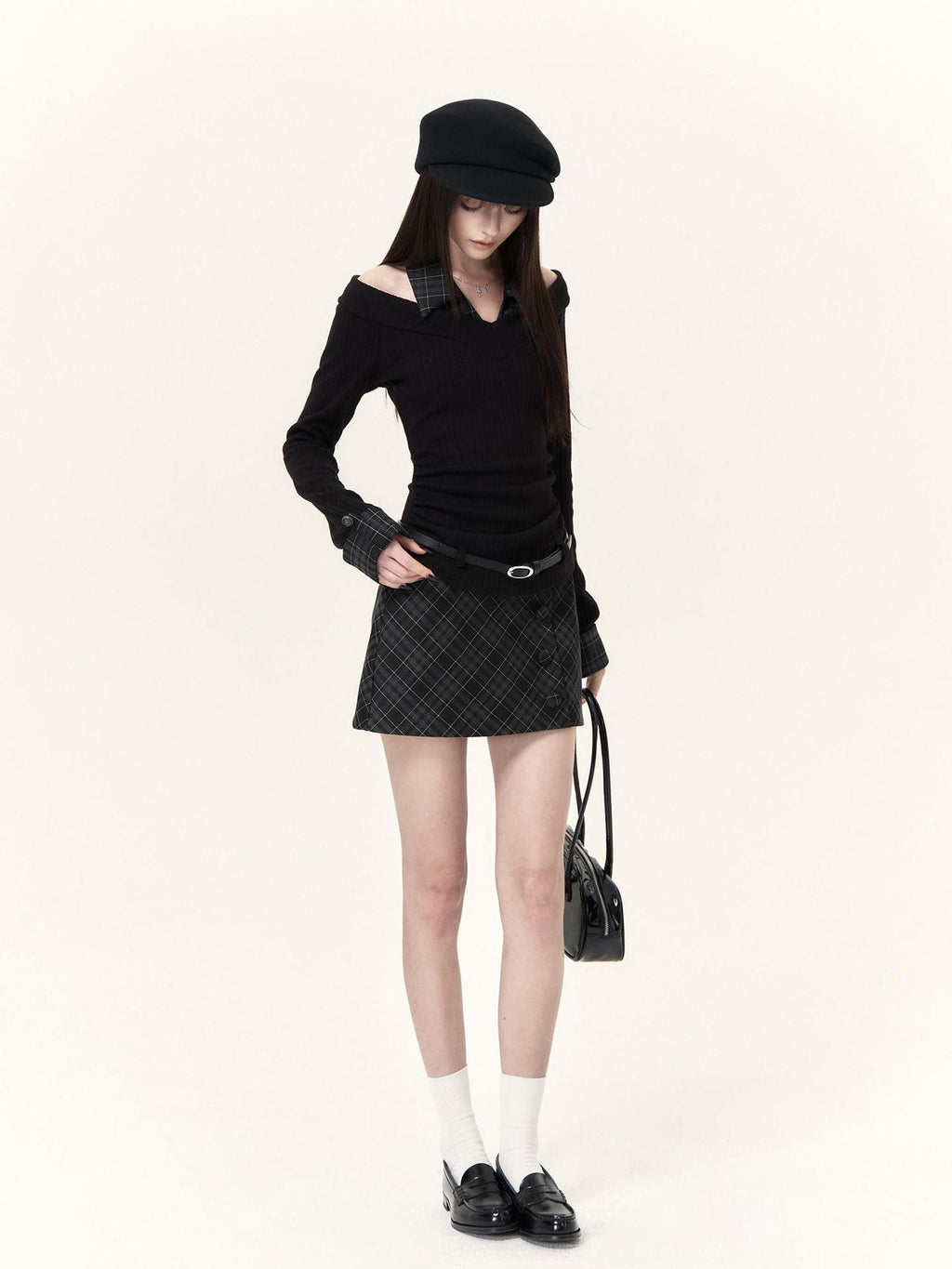 VOCK Plaid Faux Layered V-neck Knit Long Sleeve Preppy Style Women's Matching Skirt Sets