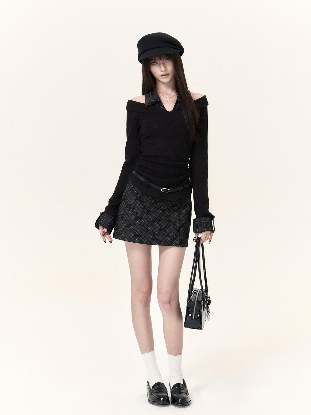 VOCK Plaid Faux Layered V-neck Knit Long Sleeve Preppy Style Women's Matching Skirt Sets