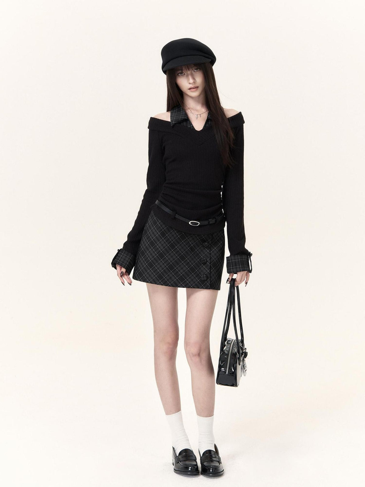 VOCK Plaid Faux Layered V-neck Knit Long Sleeve Preppy Style Women's Matching Skirt Sets