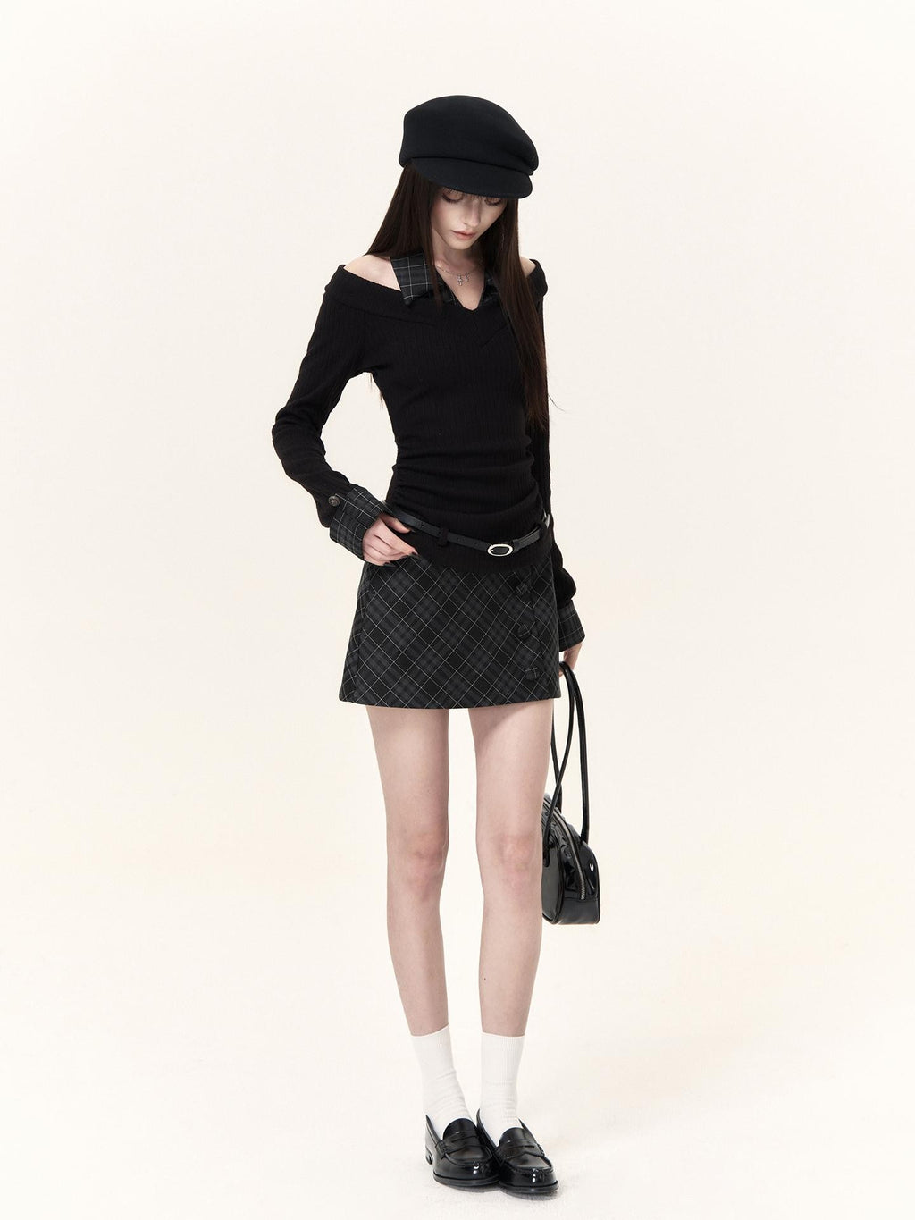 VOCK Plaid Faux Layered V-neck Knit Long Sleeve Preppy Style Women's Matching Skirt Sets