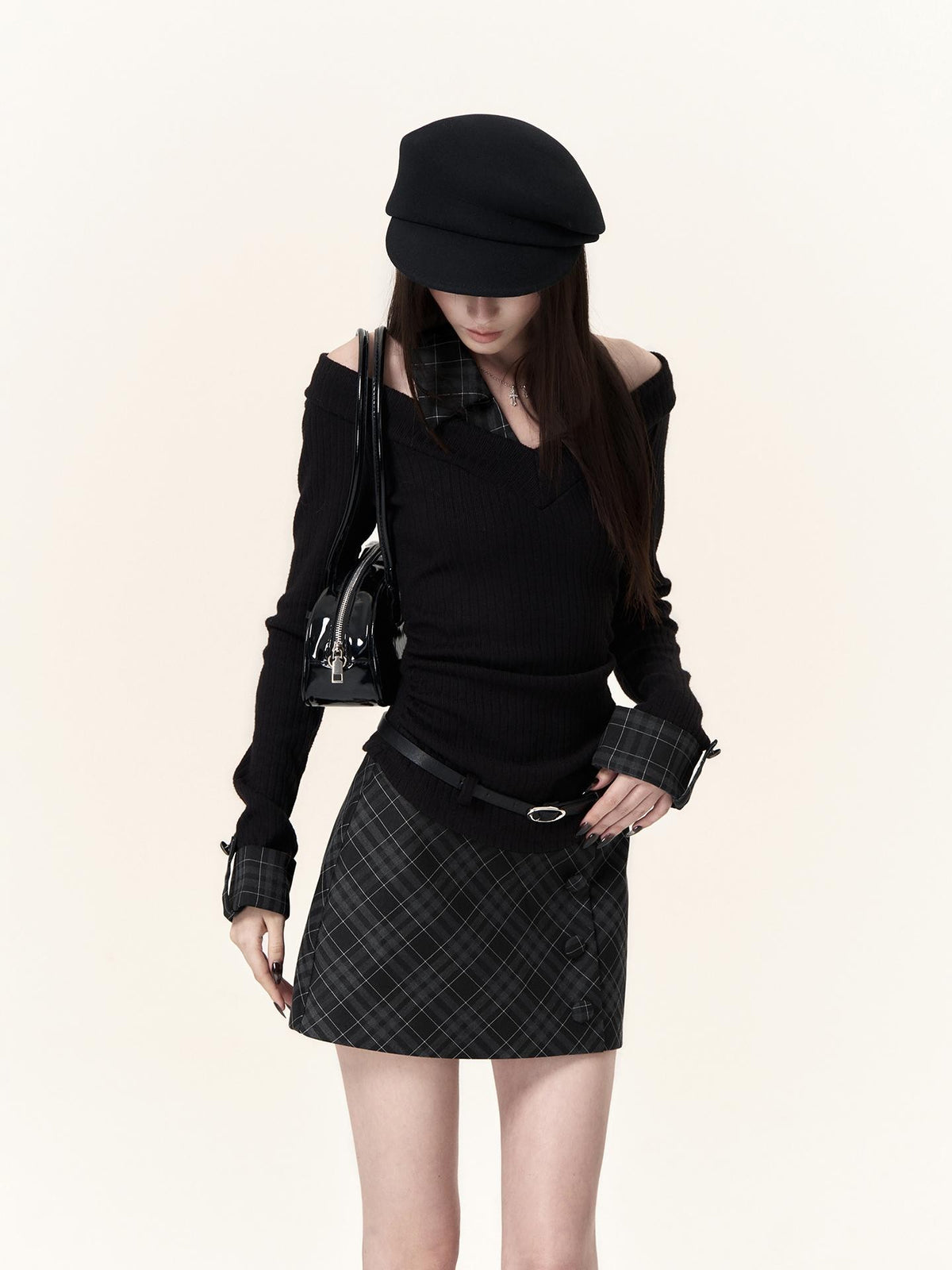 VOCK Plaid Faux Layered V-neck Knit Long Sleeve Preppy Style Women's Matching Skirt Sets