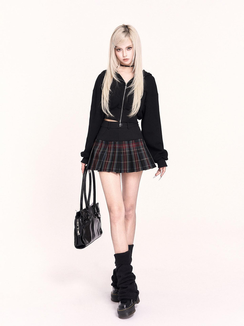 VOCK Plaid Faux Two Piece Pleated High Waist Women's Polyester Mini Skirts