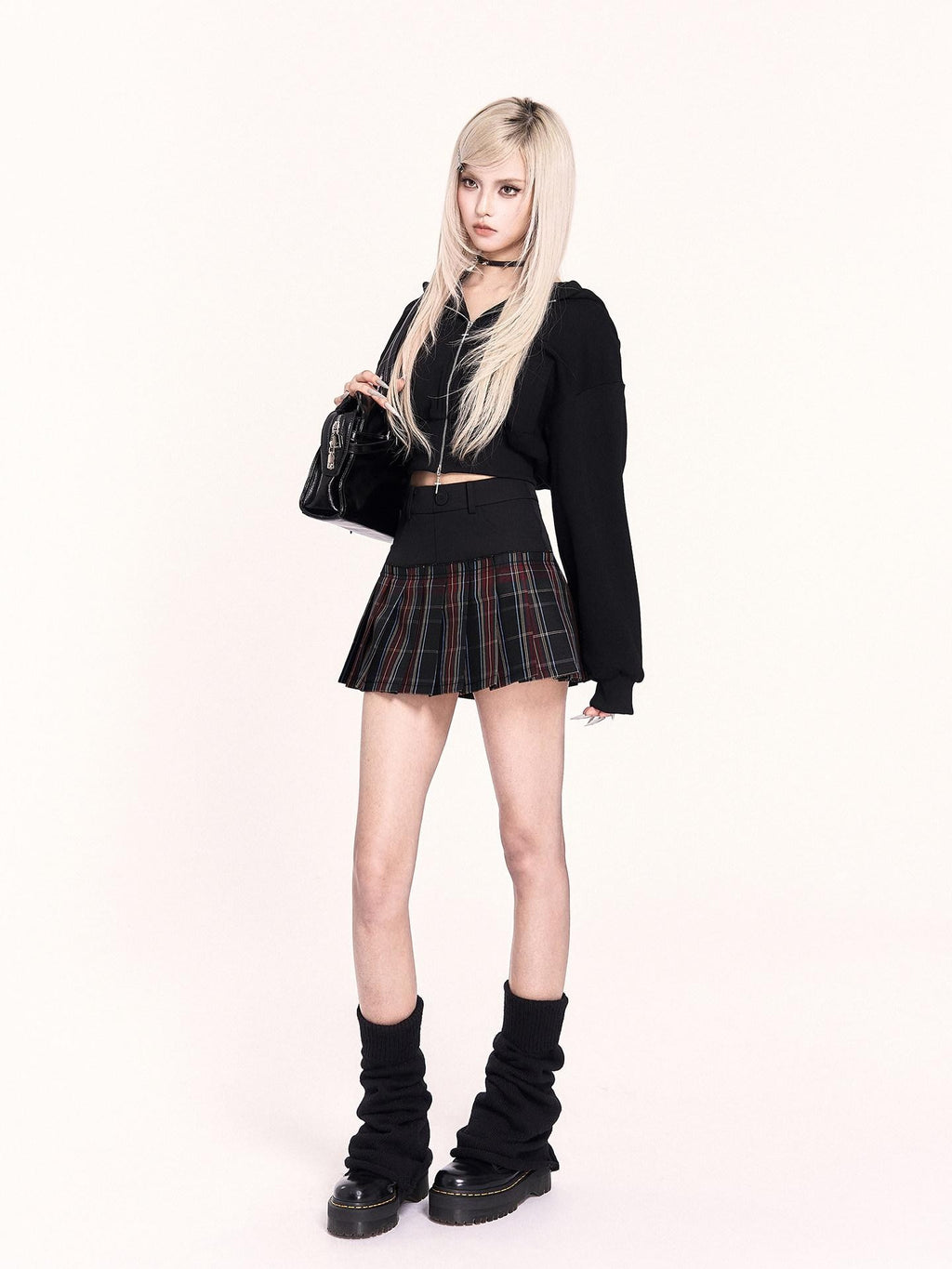VOCK Plaid Faux Two Piece Pleated High Waist Women's Polyester Mini Skirts