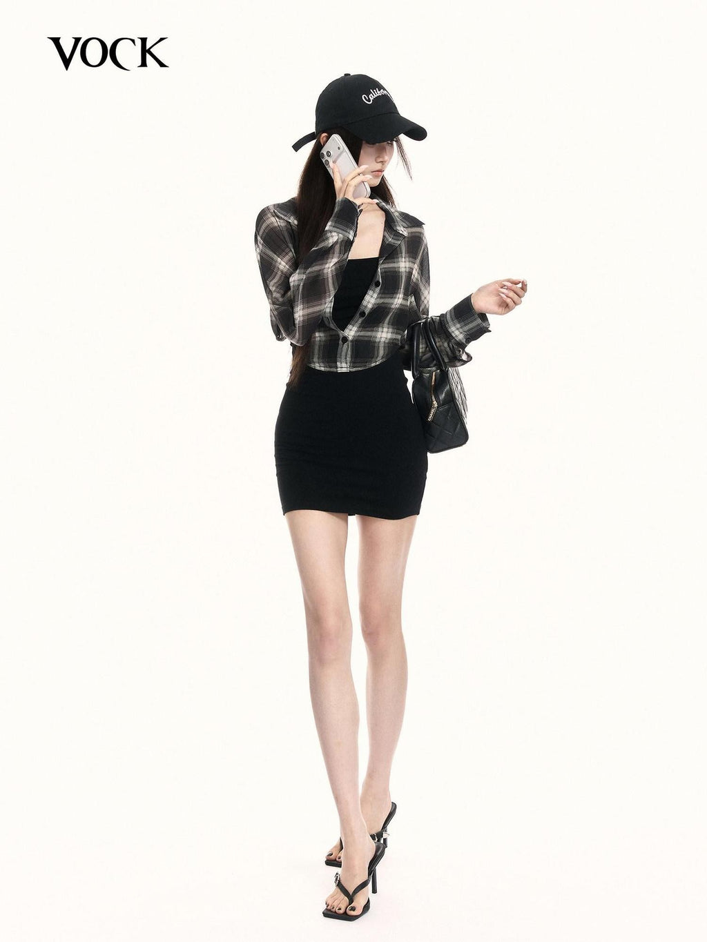 VOCK Plaid Knit Shirt Layered Women's Poly Cotton Bodycon Mini Dresses