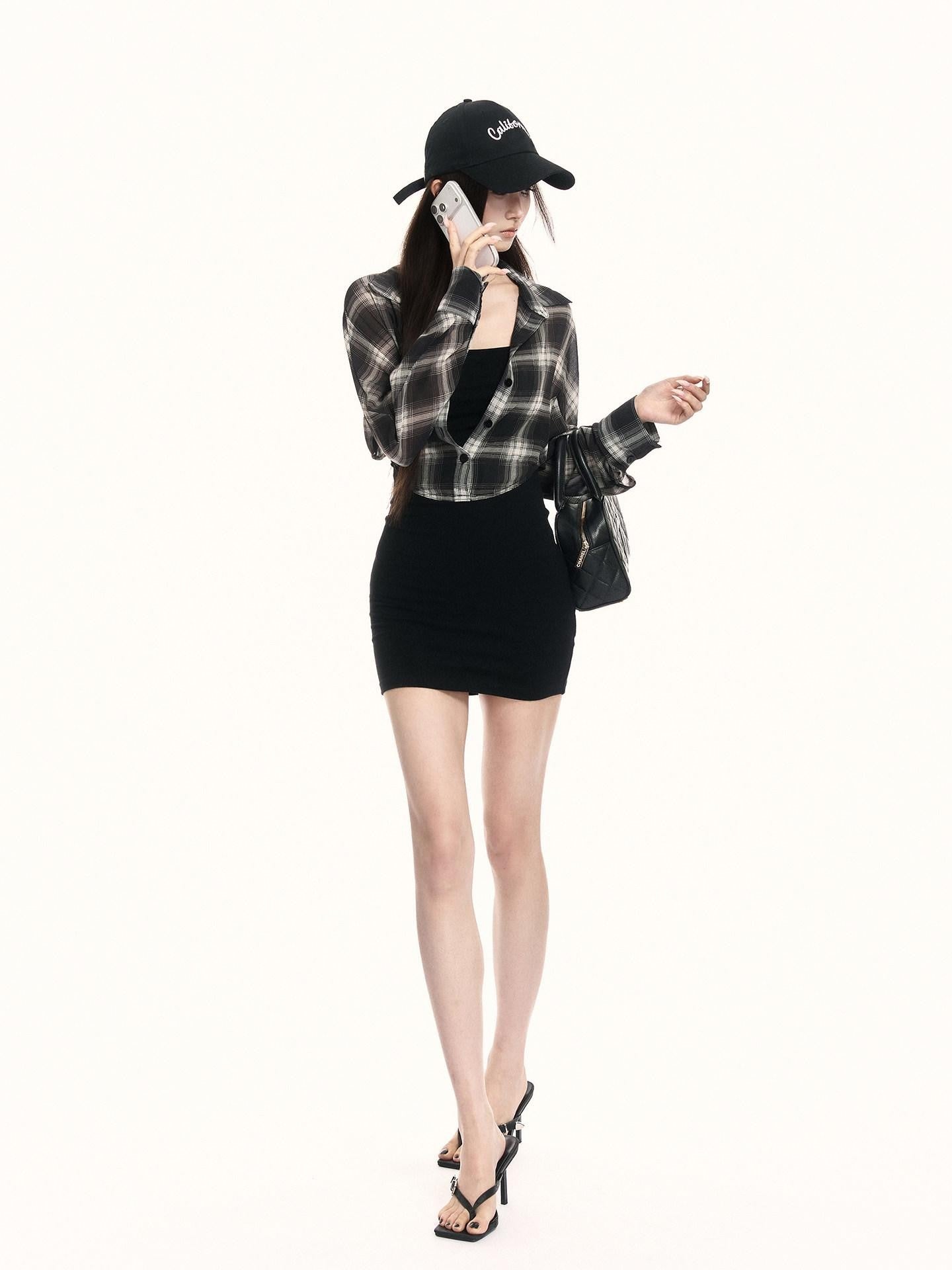 VOCK Plaid Knit Shirt Layered Women's Poly Cotton Bodycon Mini Dresses
