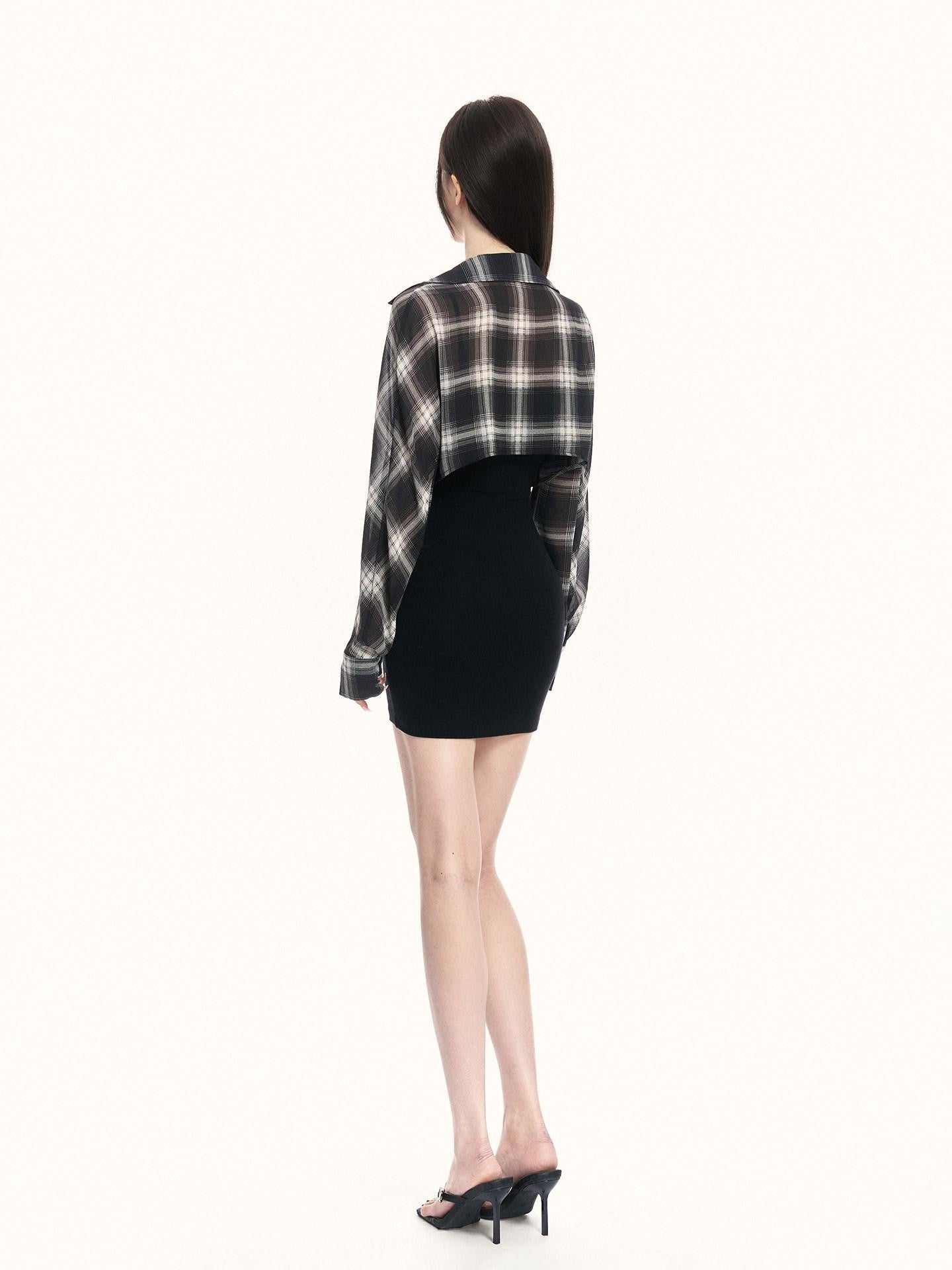 VOCK Plaid Knit Shirt Layered Women's Poly Cotton Bodycon Mini Dresses