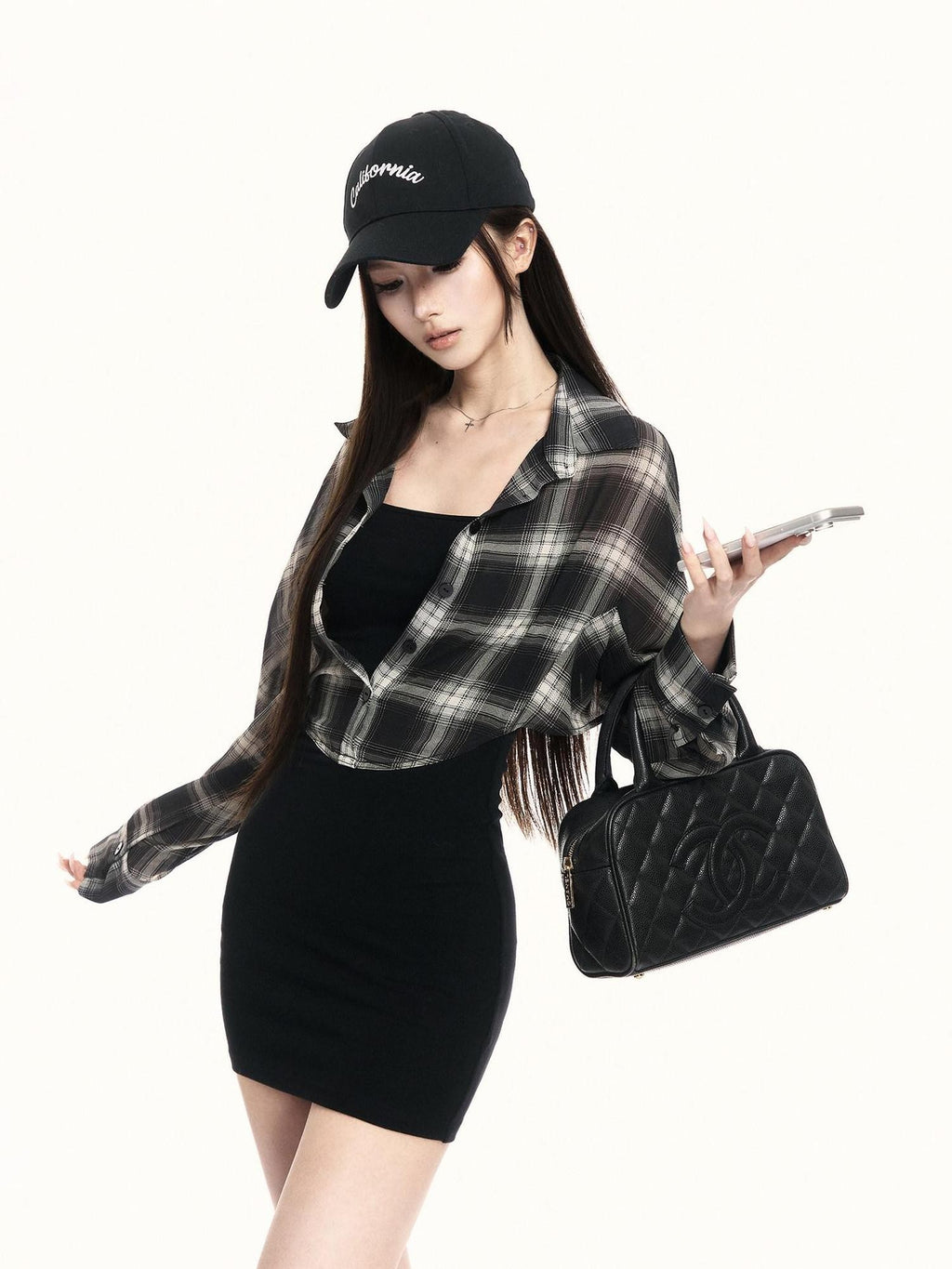 VOCK Plaid Knit Shirt Layered Women's Poly Cotton Bodycon Mini Dresses