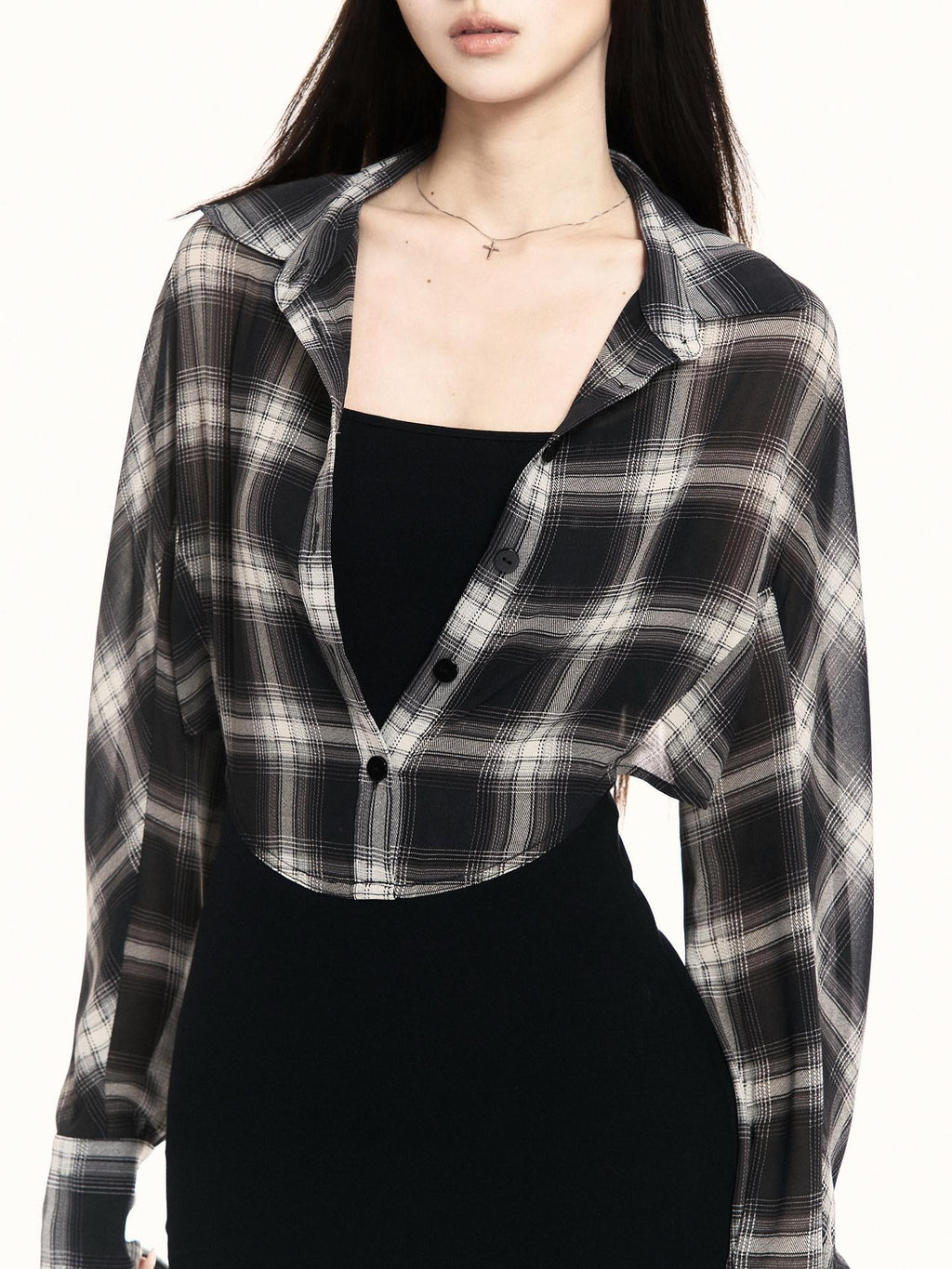 VOCK Plaid Knit Shirt Layered Women's Poly Cotton Bodycon Mini Dresses