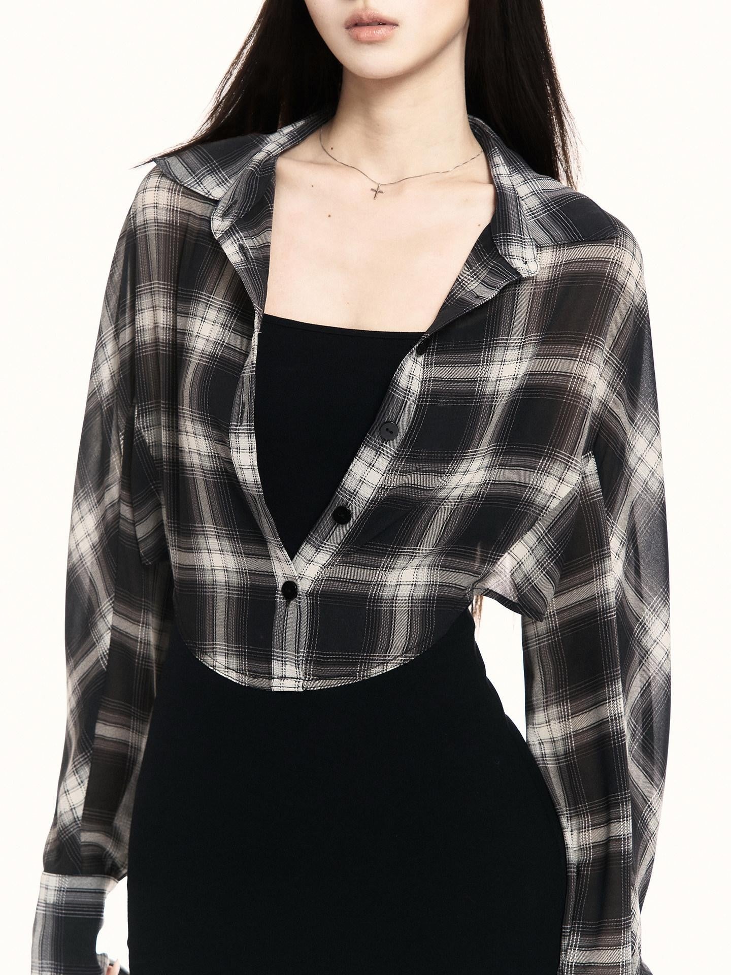 VOCK Plaid Knit Shirt Layered Women's Poly Cotton Bodycon Mini Dresses