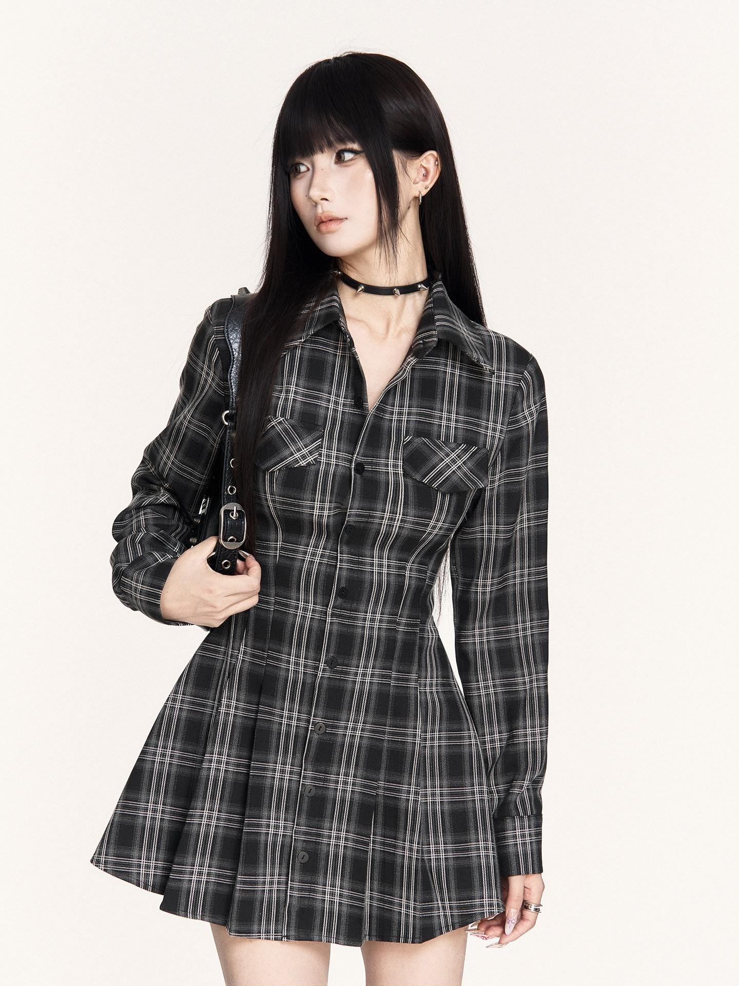 VOCK Plaid Lace Up Embroidered Backless Women's Poly Cotton Casual Mini Dresses