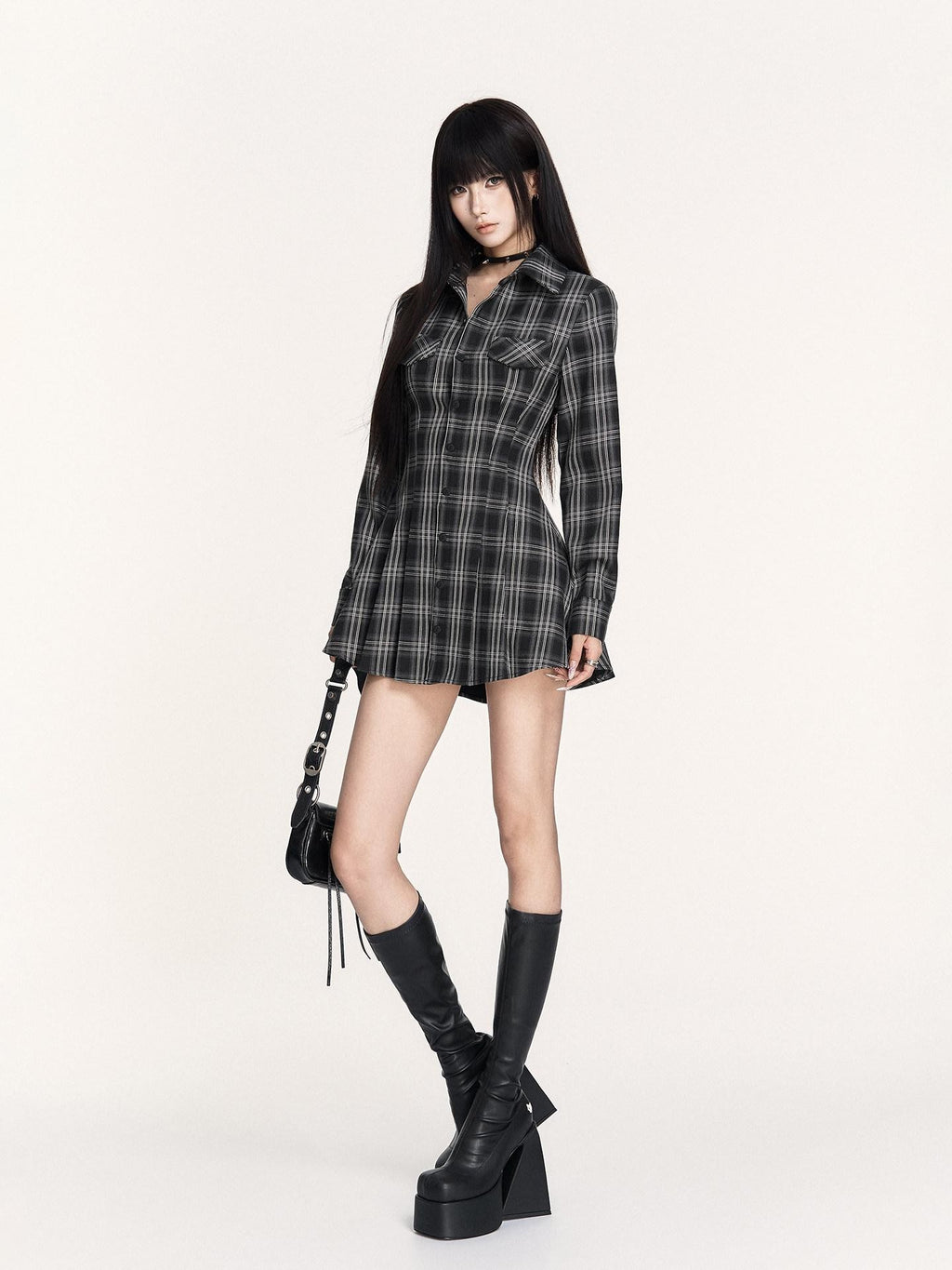 VOCK Plaid Lace Up Embroidered Backless Women's Poly Cotton Casual Mini Dresses