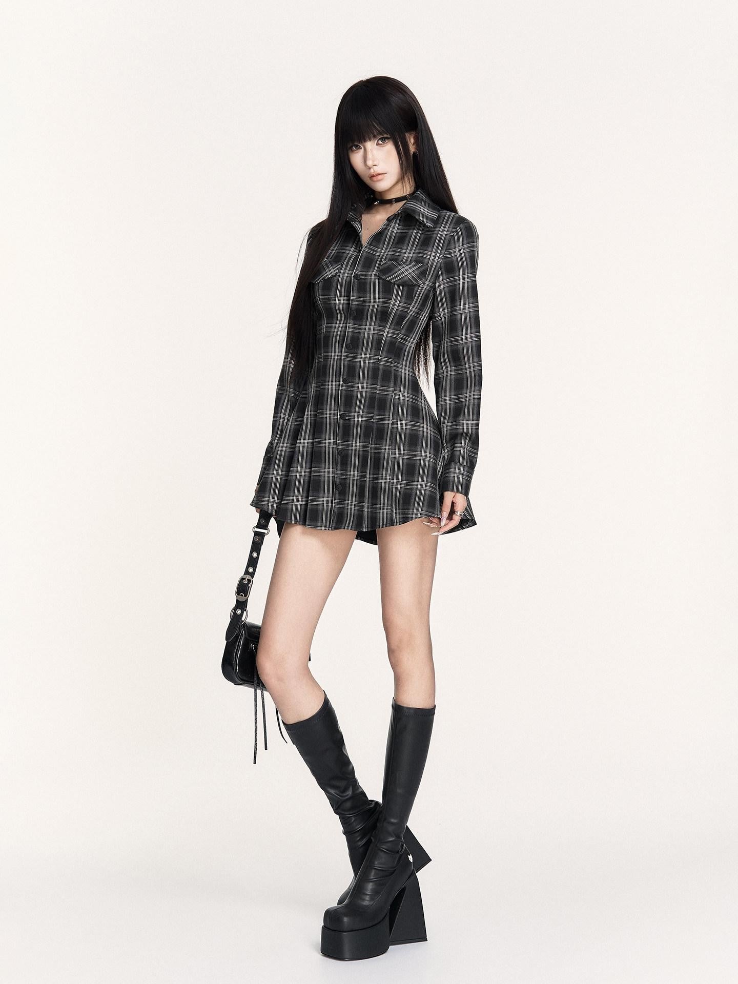 VOCK Plaid Lace Up Embroidered Backless Women's Poly Cotton Casual Mini Dresses
