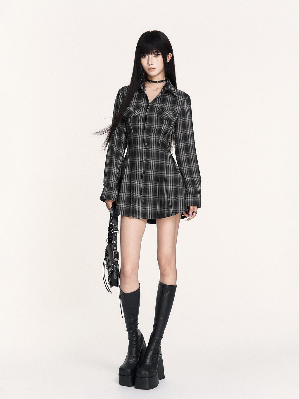 VOCK Plaid Lace Up Embroidered Backless Women's Poly Cotton Casual Mini Dresses