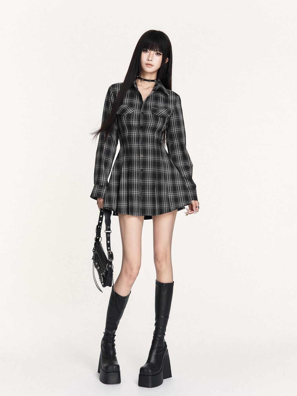VOCK Plaid Lace Up Embroidered Backless Women's Poly Cotton Casual Mini Dresses