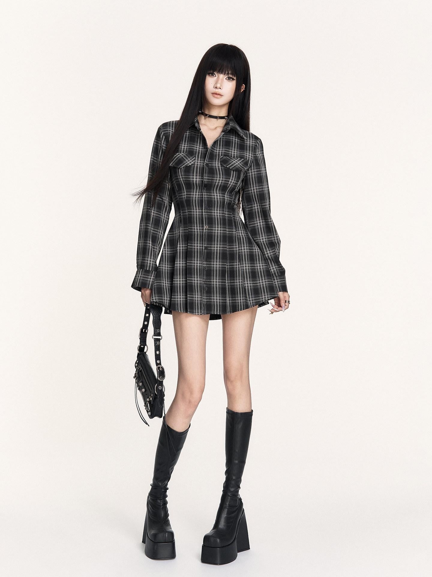 VOCK Plaid Lace Up Embroidered Backless Women's Poly Cotton Casual Mini Dresses