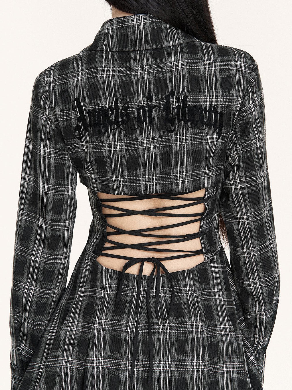 VOCK Plaid Lace Up Embroidered Backless Women's Poly Cotton Casual Mini Dresses