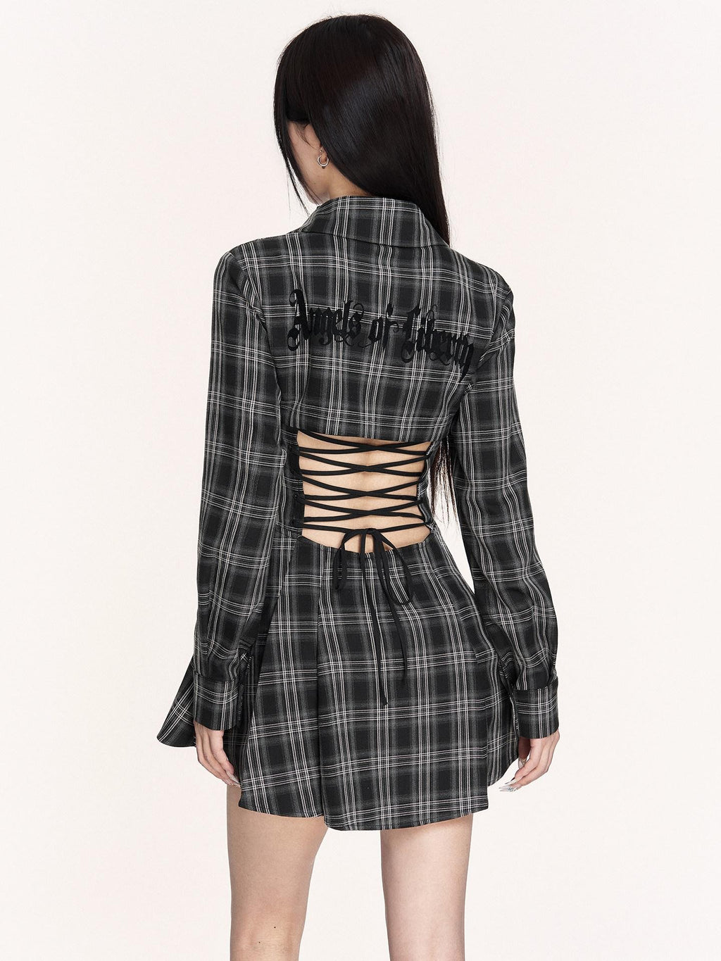 VOCK Plaid Lace Up Embroidered Backless Women's Poly Cotton Casual Mini Dresses