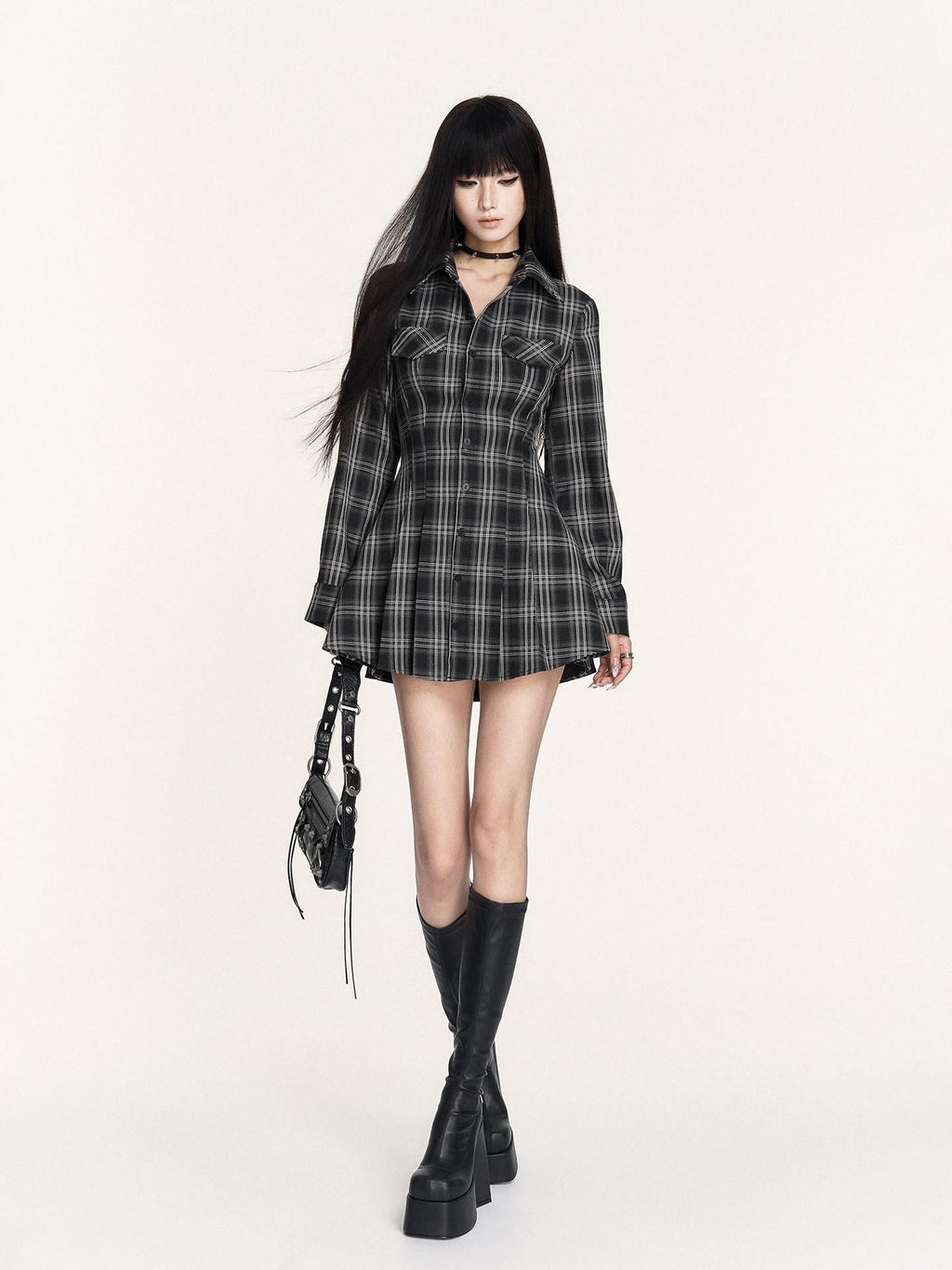VOCK Plaid Lace Up Embroidered Backless Women's Poly Cotton Casual Mini Dresses