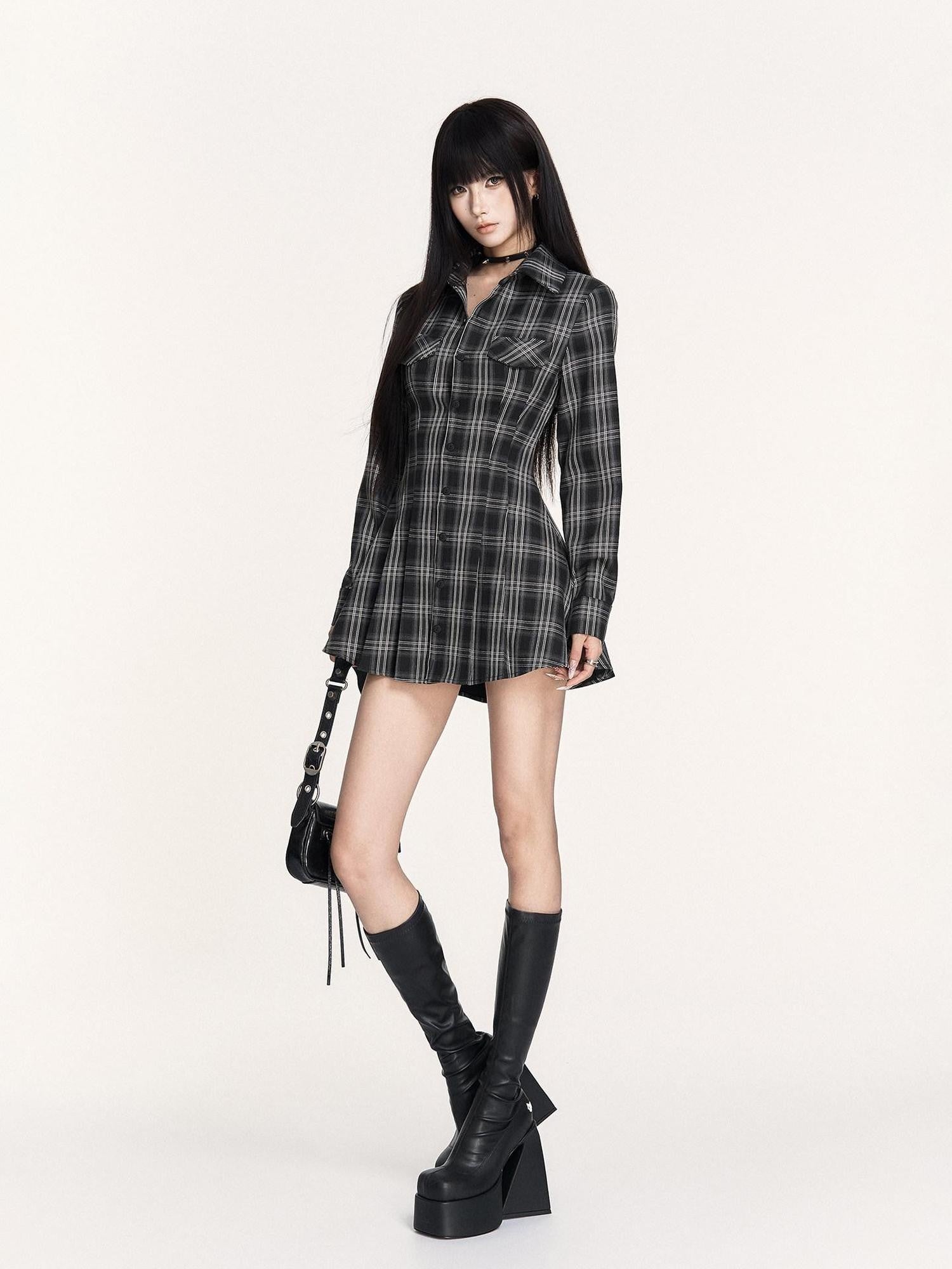 VOCK Plaid Lace Up Embroidered Backless Women's Poly Cotton Casual Mini Dresses