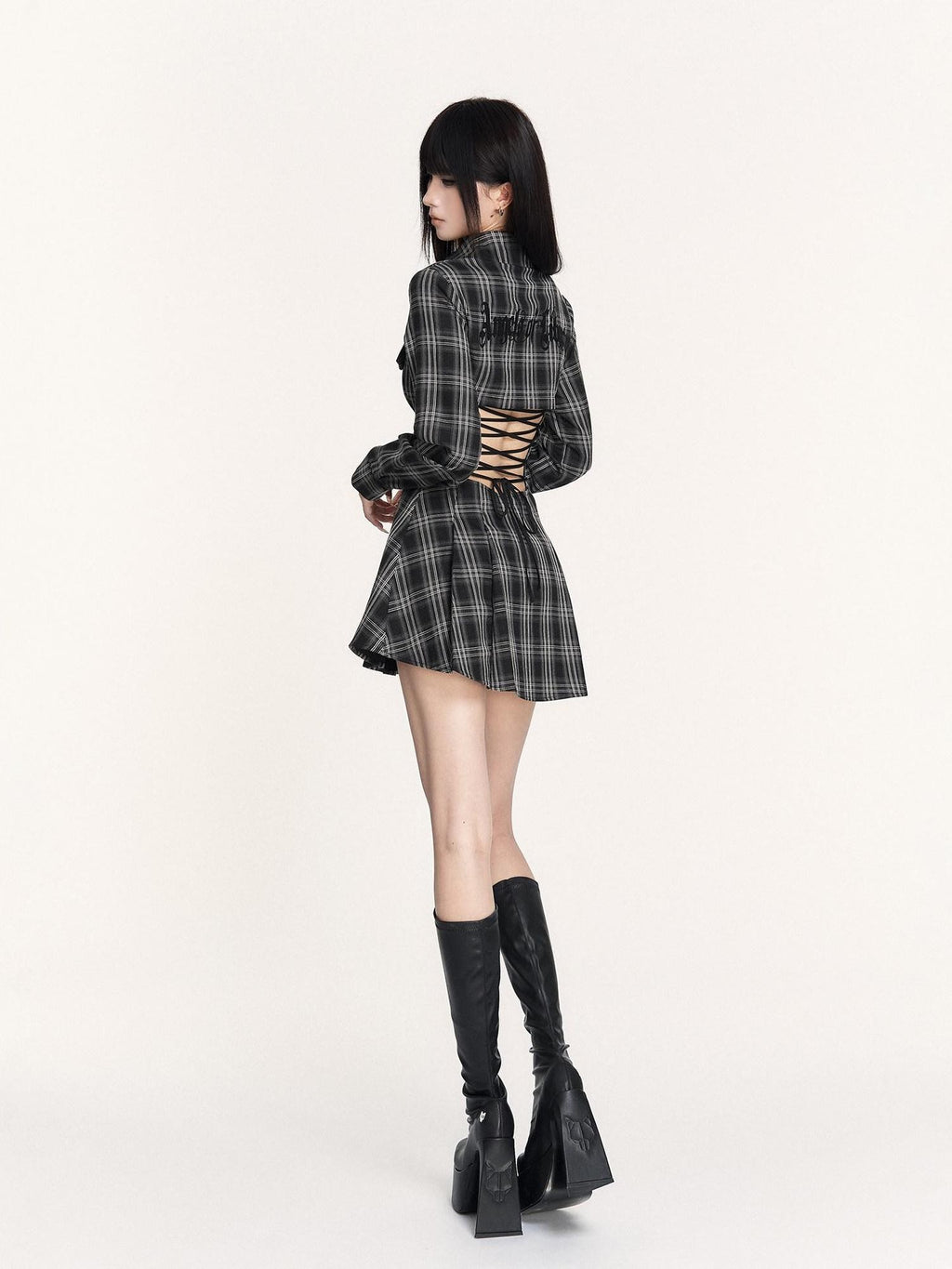 VOCK Plaid Lace Up Embroidered Backless Women's Poly Cotton Casual Mini Dresses
