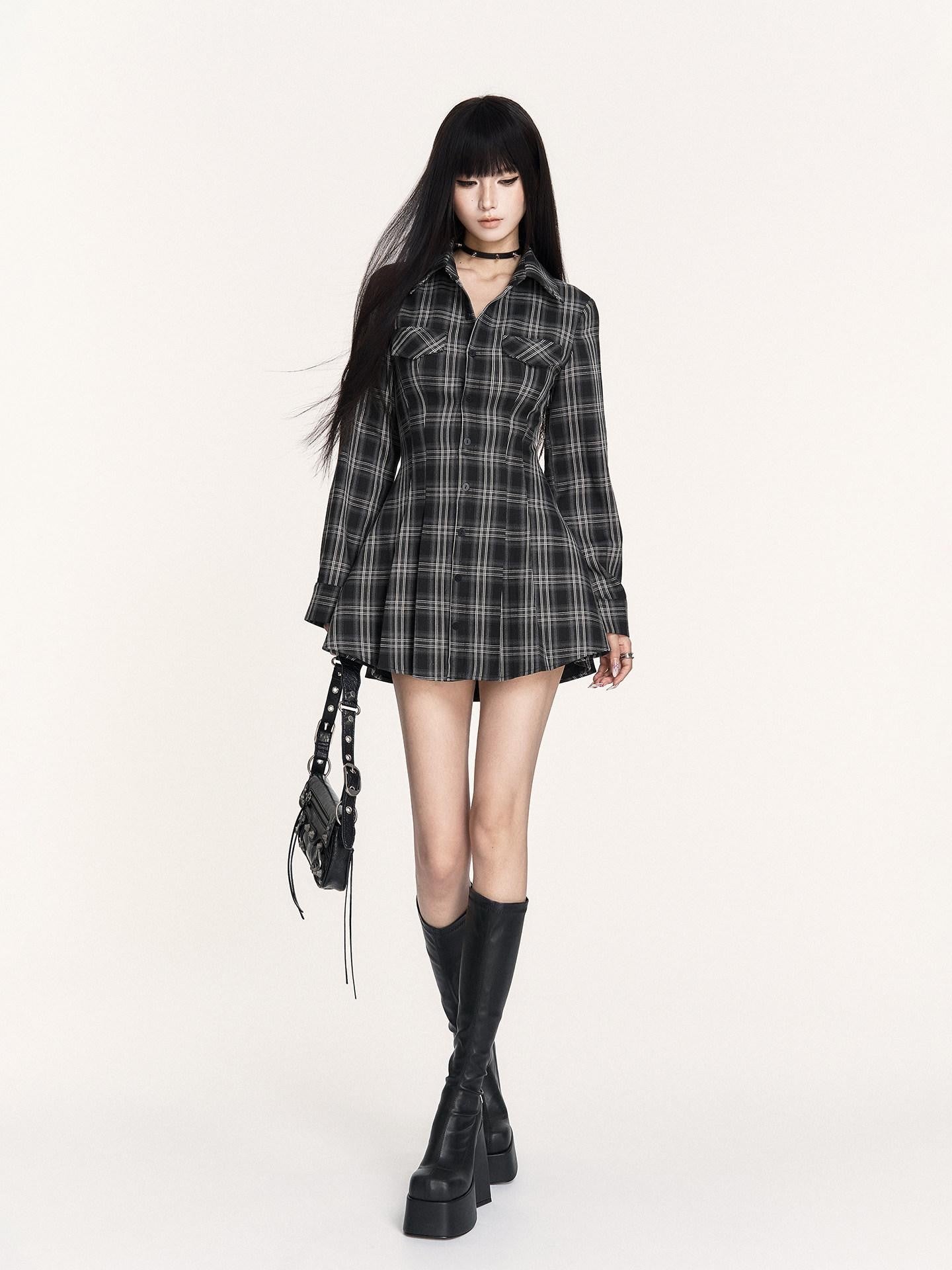 VOCK Plaid Lace Up Embroidered Backless Women's Poly Cotton Casual Mini Dresses