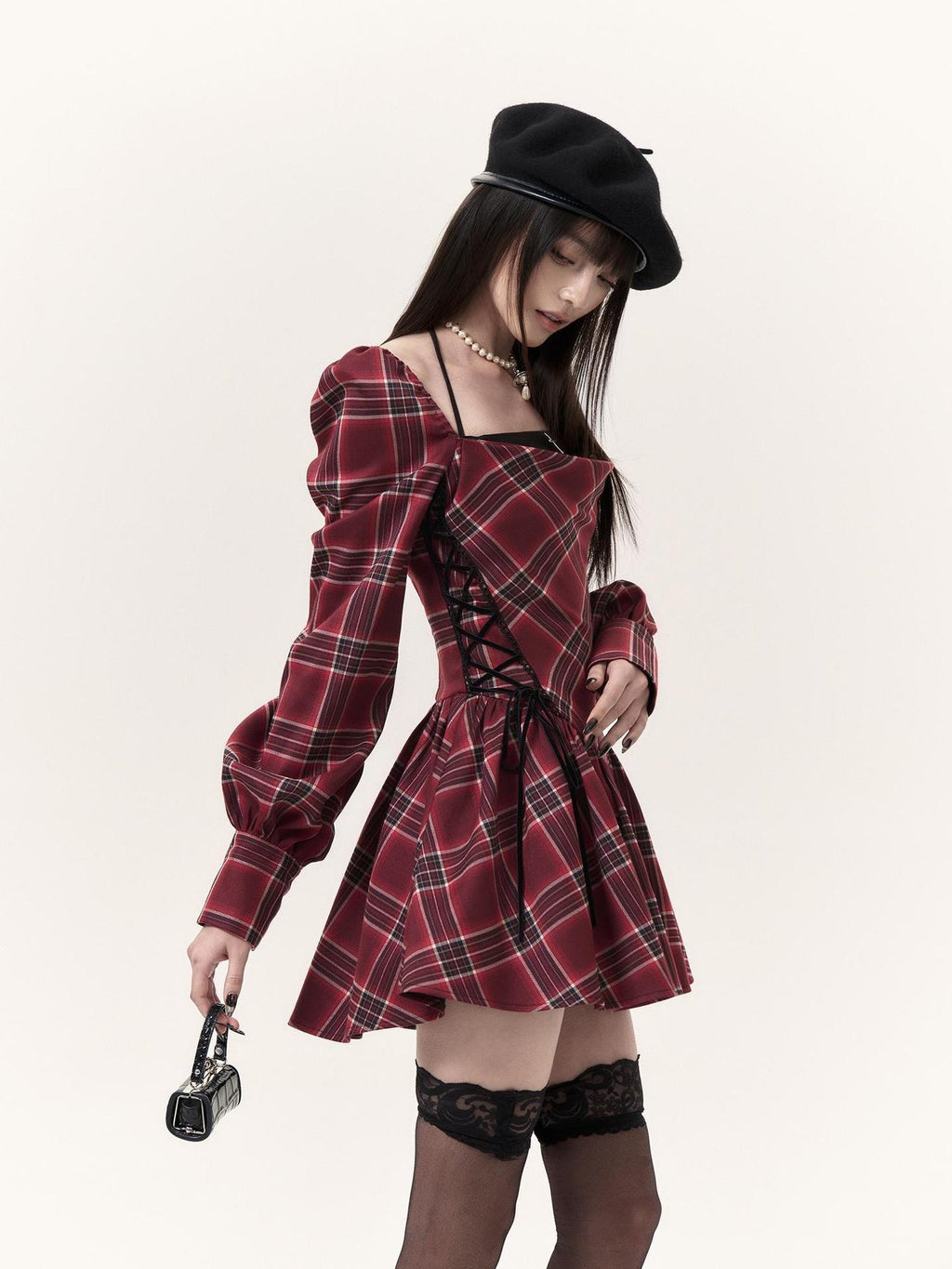 VOCK Plaid Lace Up Lantern Sleeve Women's Puff Halter Mini Dresses