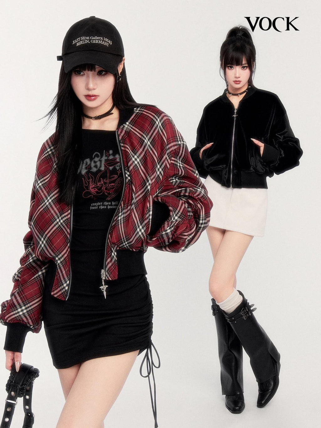 VOCK Plaid Reversible Ribbed Hem Zip Women's Plush Polyester Cropped Jackets