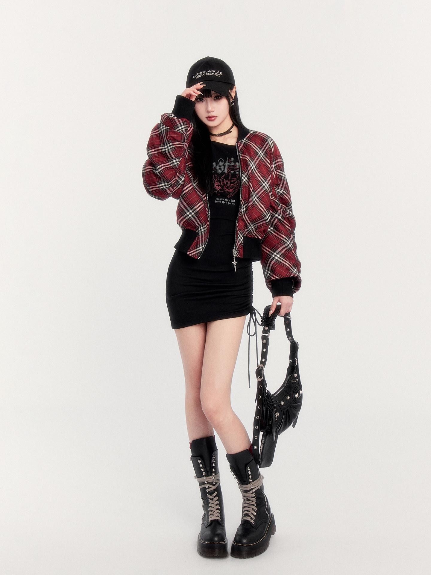 VOCK Plaid Reversible Ribbed Hem Zip Women's Plush Polyester Cropped Jackets